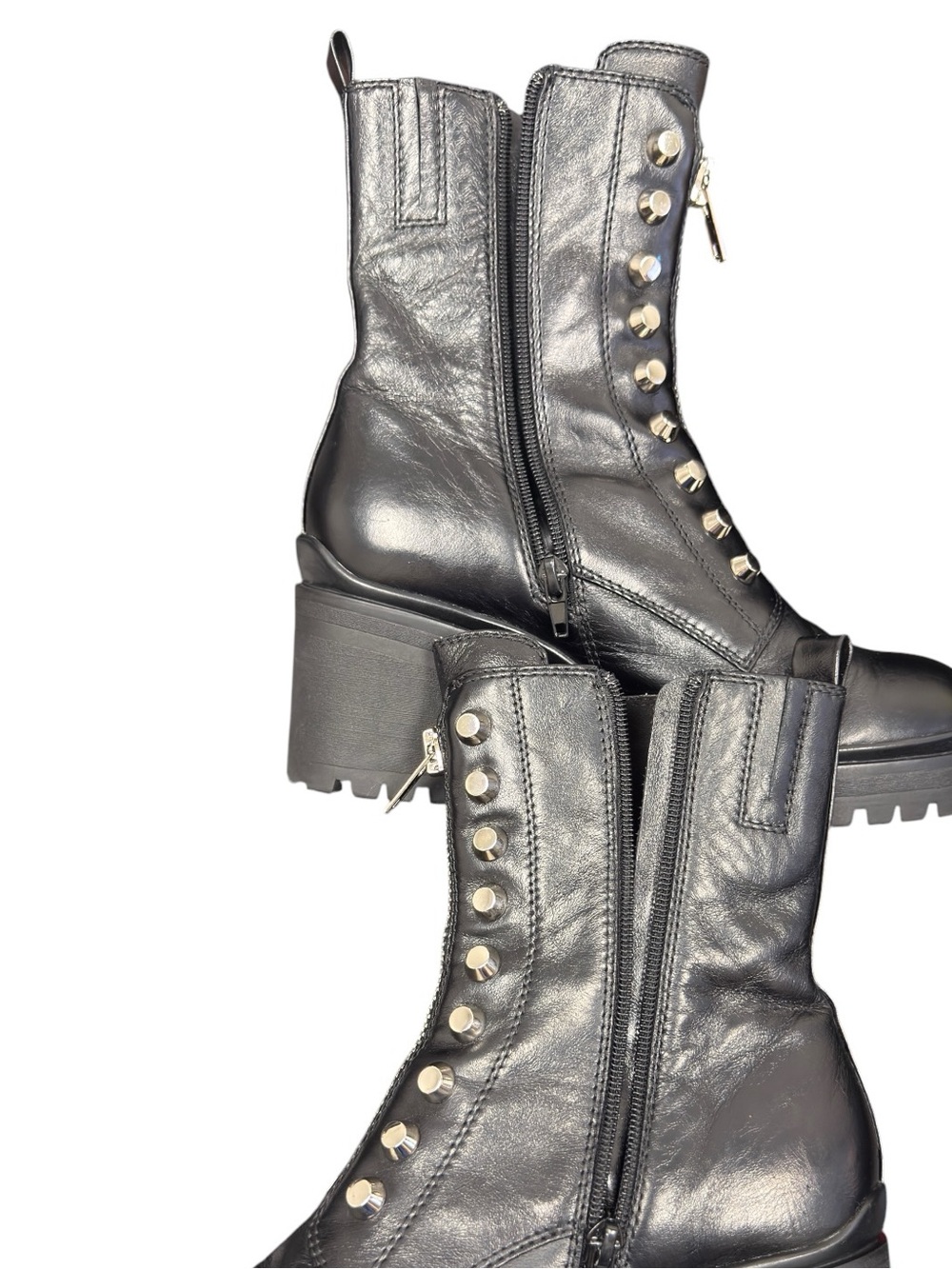 Tonette Combat Black Chunky Moto Edgy Leather Lug Sole Studded Platform Boots - Picture 11 of 17